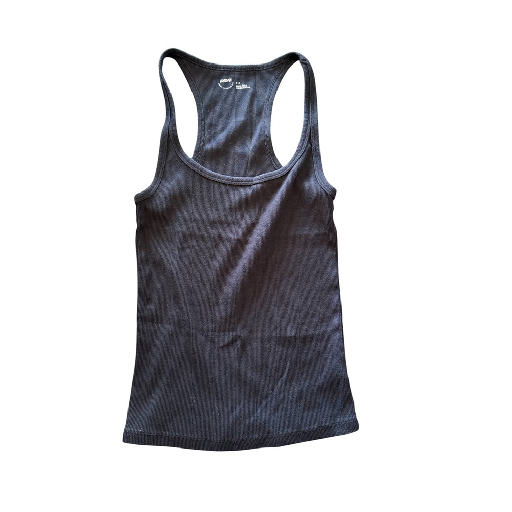 Aerie Women Black Ribbed Racerback Tank Top Small S/P Cotton Blend Scoop Neck